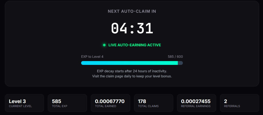 Dashboard showing level, EXP, total earned, claims, and referrals